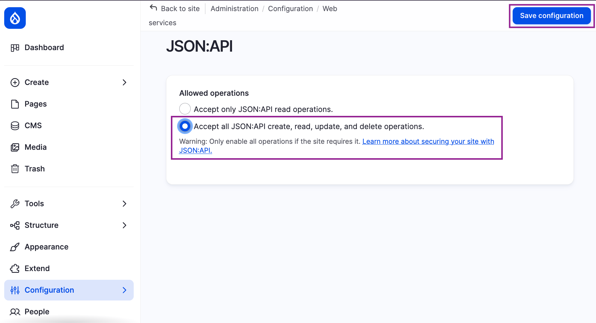 Drupal JSON:API module configuration view screenshot with the write mode option and save configuration button highlighted