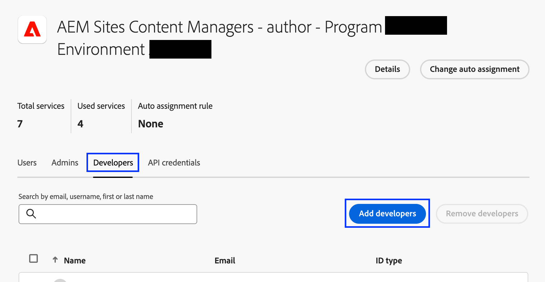 Adobe Admin Console product profile screenshot with the Developers tab and Add developers button highlighted