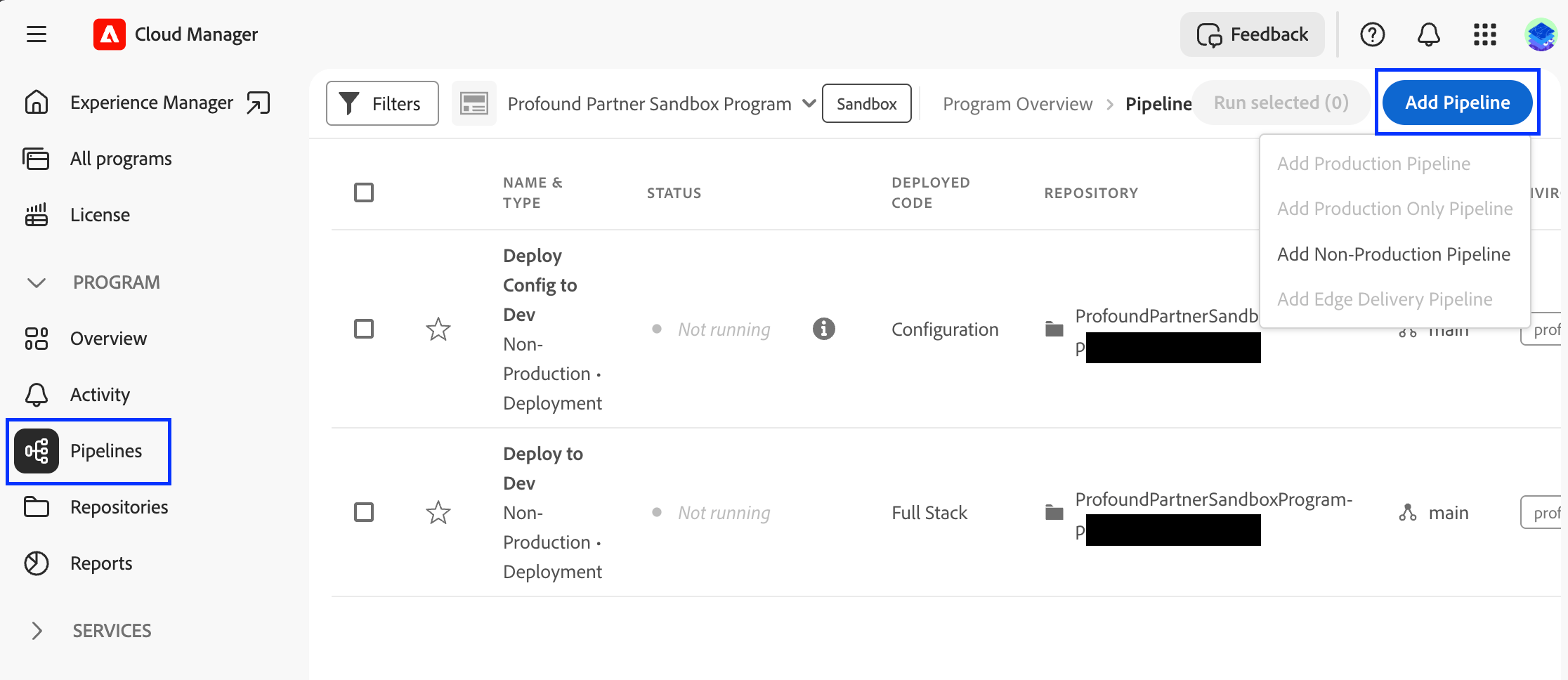 Adobe Cloud Manager Pipelines screenshot with the Pipelines menu option and Add Pipeline button highlighted