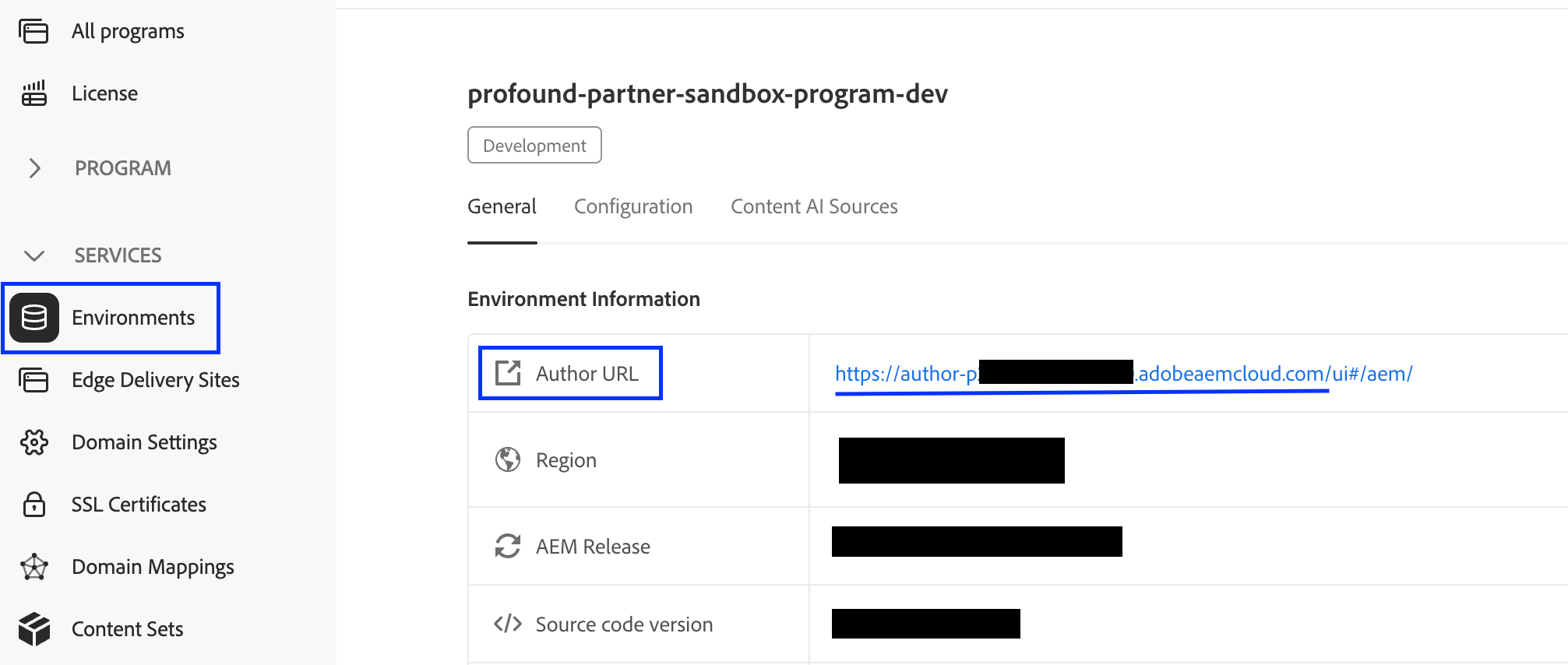 Adobe Cloud Manager program overview page screenshot with Environments menu option and Author URL highlighted