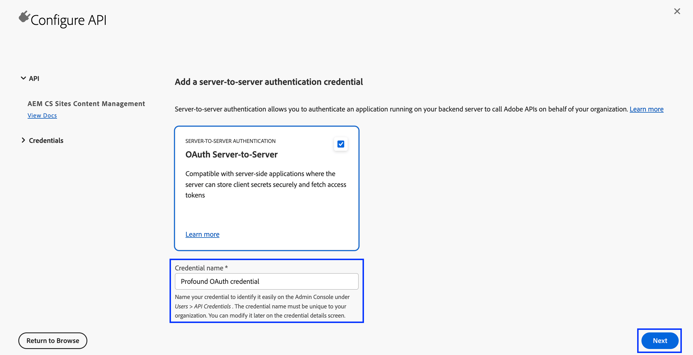 Configure API dialog screenshot with OAuth Server-to-Server, the Credential name field, and Next button highlighted
