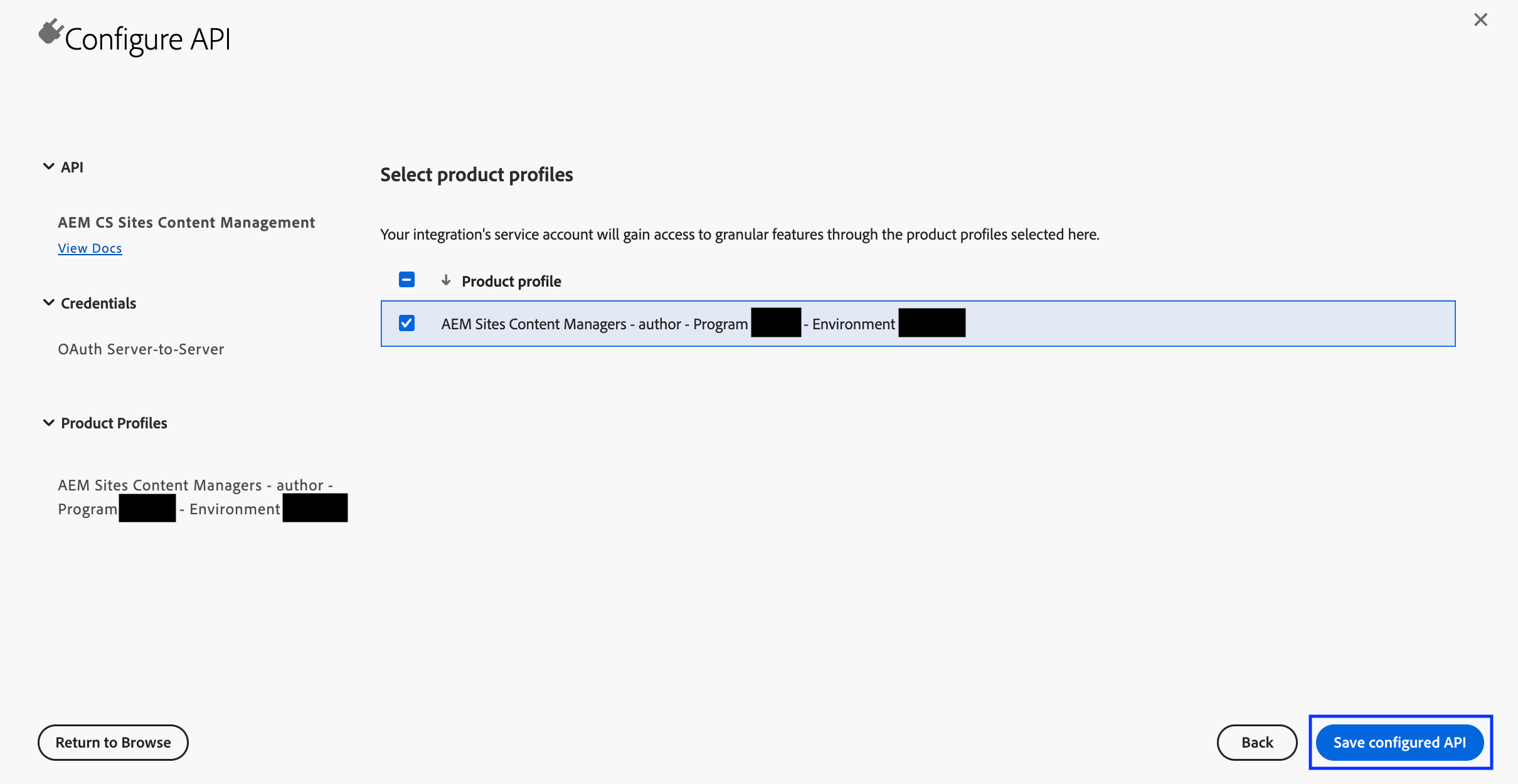 Configure API dialog screenshot with the AEM Sites Content Managers product profile selected and Save configured API option highlighted