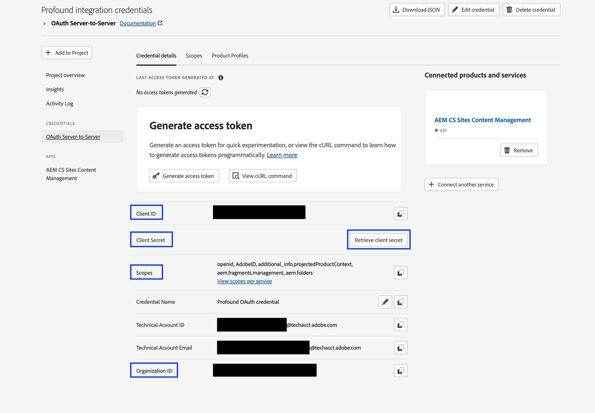 OAuth Server-to-Server credential details view screenshot with Client ID, Client Secret, Scopes, and Organization ID highlighted