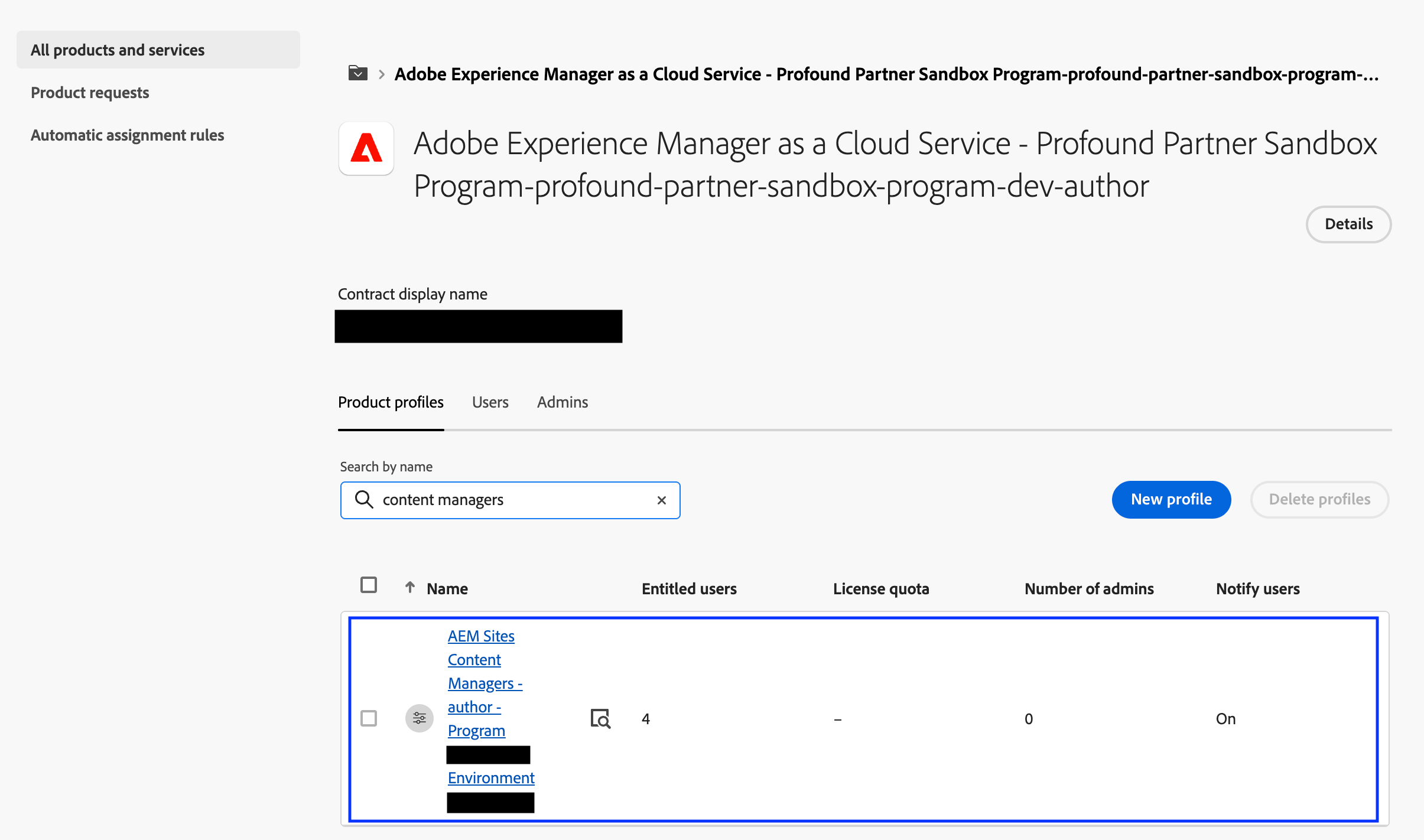 Adobe Admin Console Product profiles list screenshot with the AEM Sites Content Managers author profile highlighted