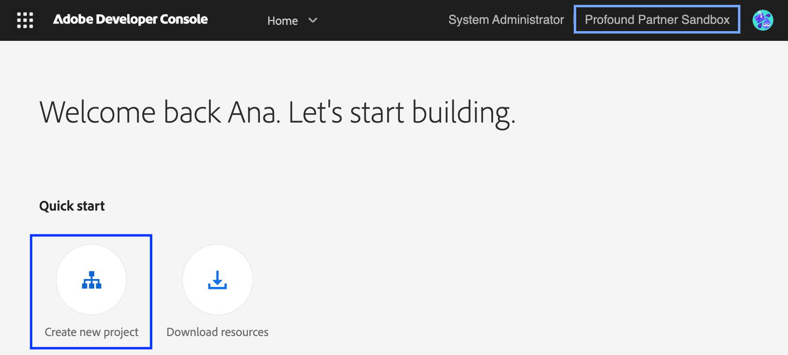 Adobe Developer Console home page quickstart section screenshot with Create new project option highlighted