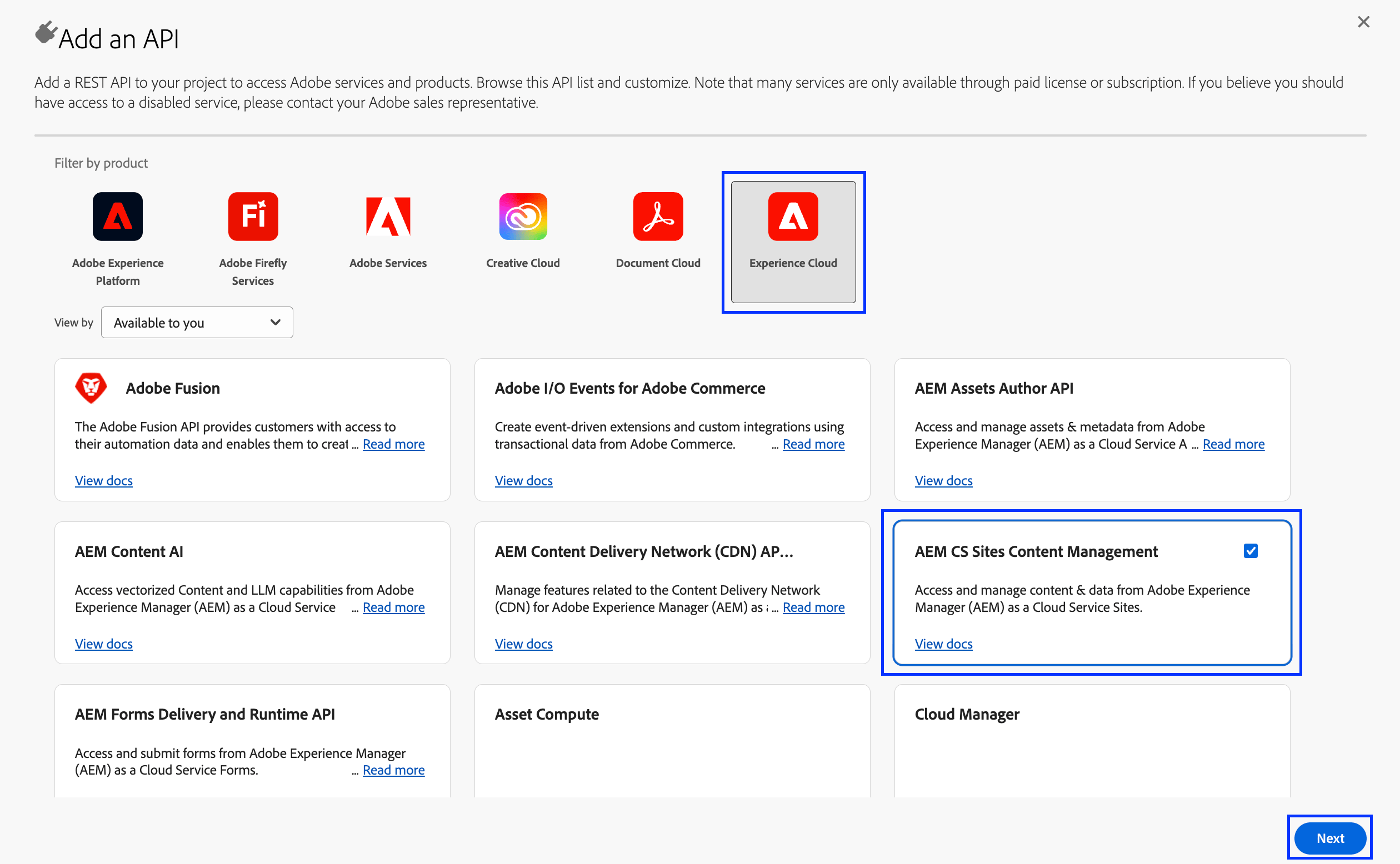Add an API view screenshot with Experience Cloud filter option, AEM CS Sites Content Management option, and Next button highlighted