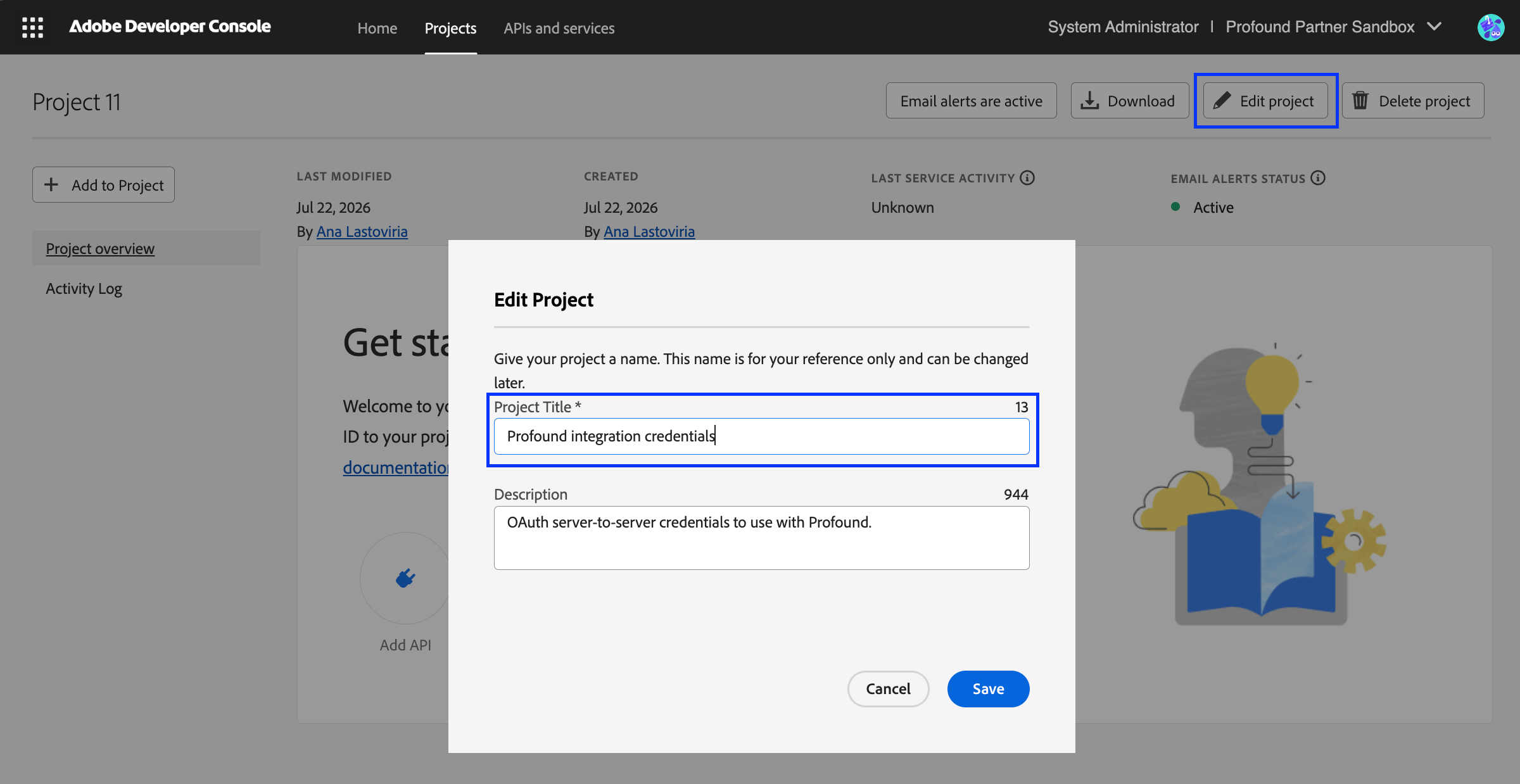 Adobe Developer Console Edit Project dialog screenshot with the Edit project button and the Project Title field highlighted