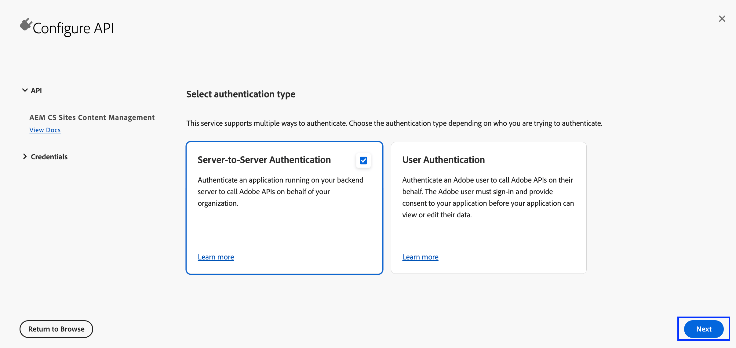Configure API dialog screenshot with Server-to-Server Authentication and Next highlighted
