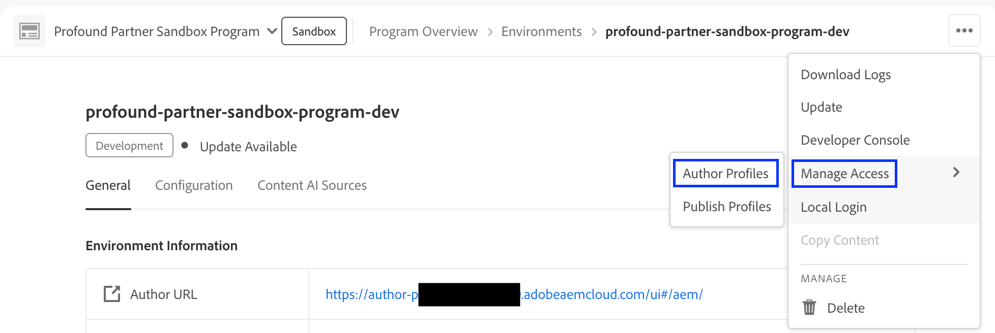 Adobe Cloud Manager environment action menu screenshot with Manage Access and Author Profiles options highlighted