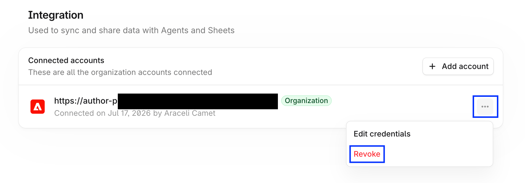 Profound connected account action menu screenshot with the three-dot menu and the Revoke option highlighted