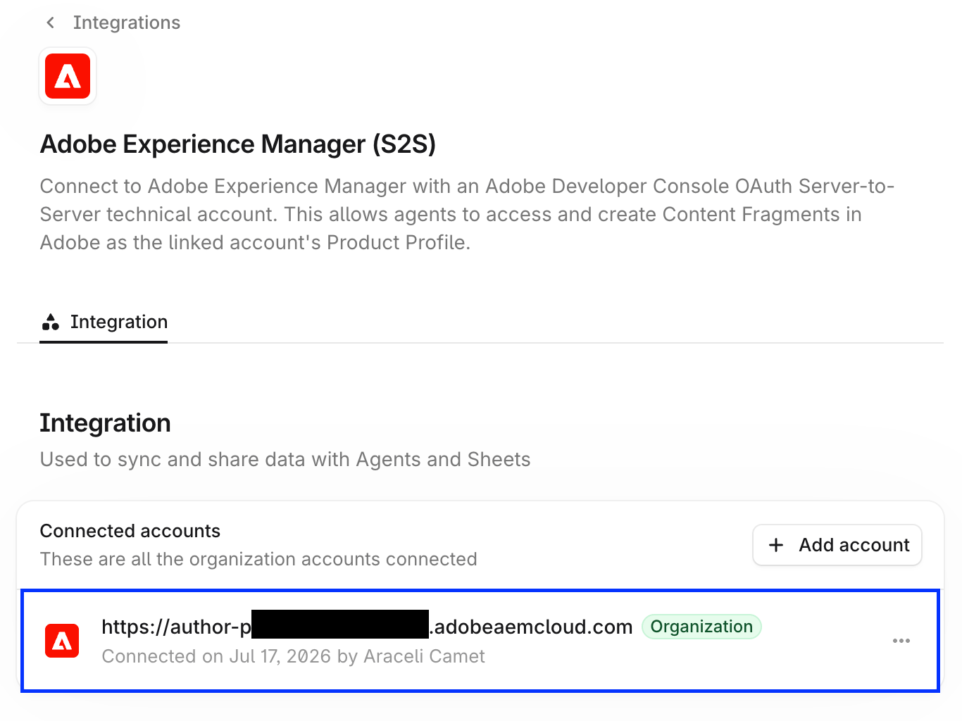 Profound Adobe Experience Manager integration view screenshot with a connected account highlighted