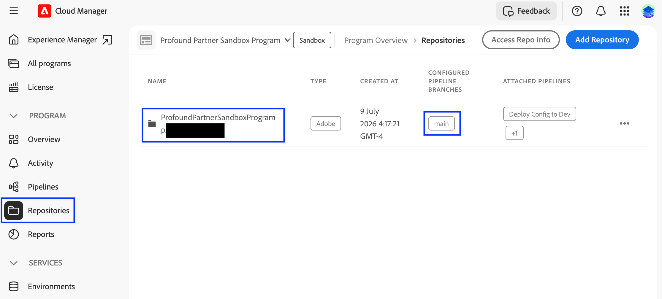 Adobe Cloud Manager Repositories screenshot with Repositories menu option, repository name, and the configured pipeline branch highlighted
