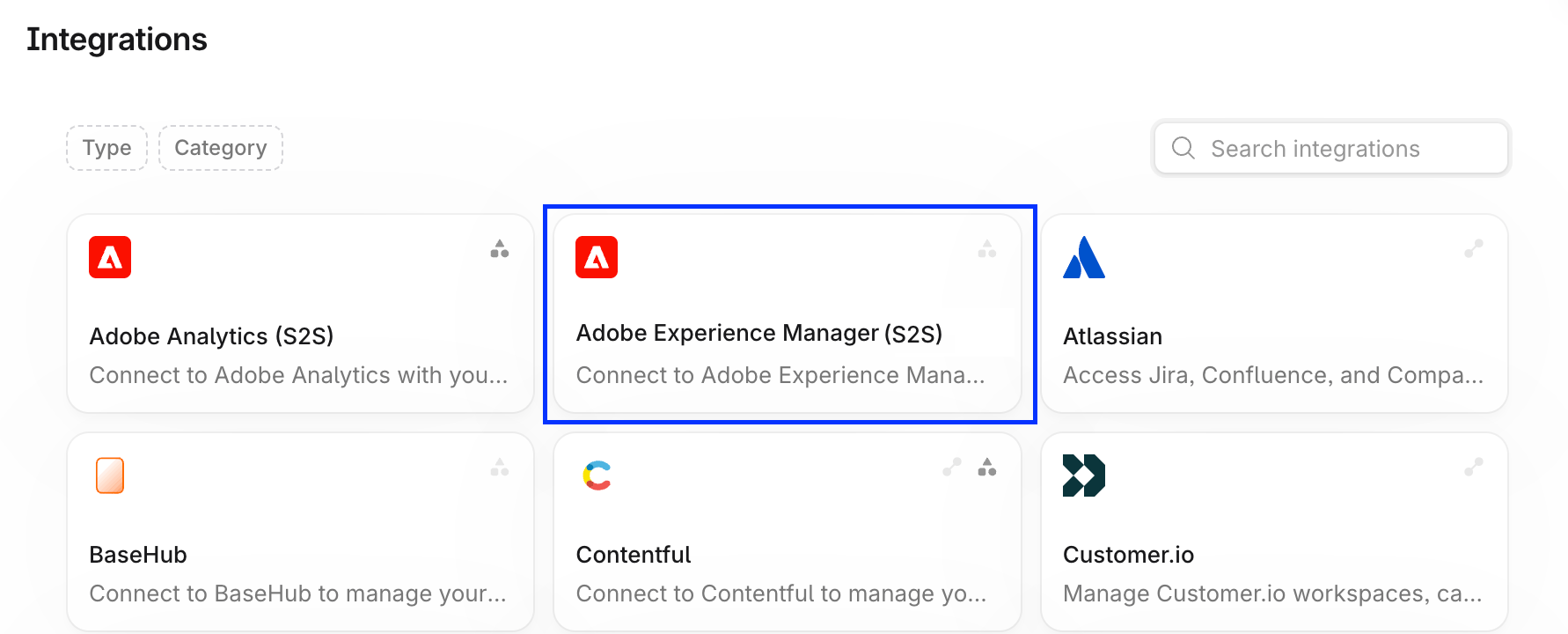 Profound Integrations view screenshot with Adobe Experience Manager (S2S) integration card highlighted