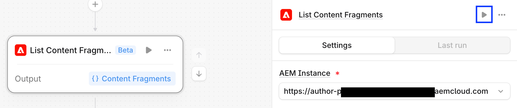 List Content Fragments node configuration panel screenshot with the play icon highlighted