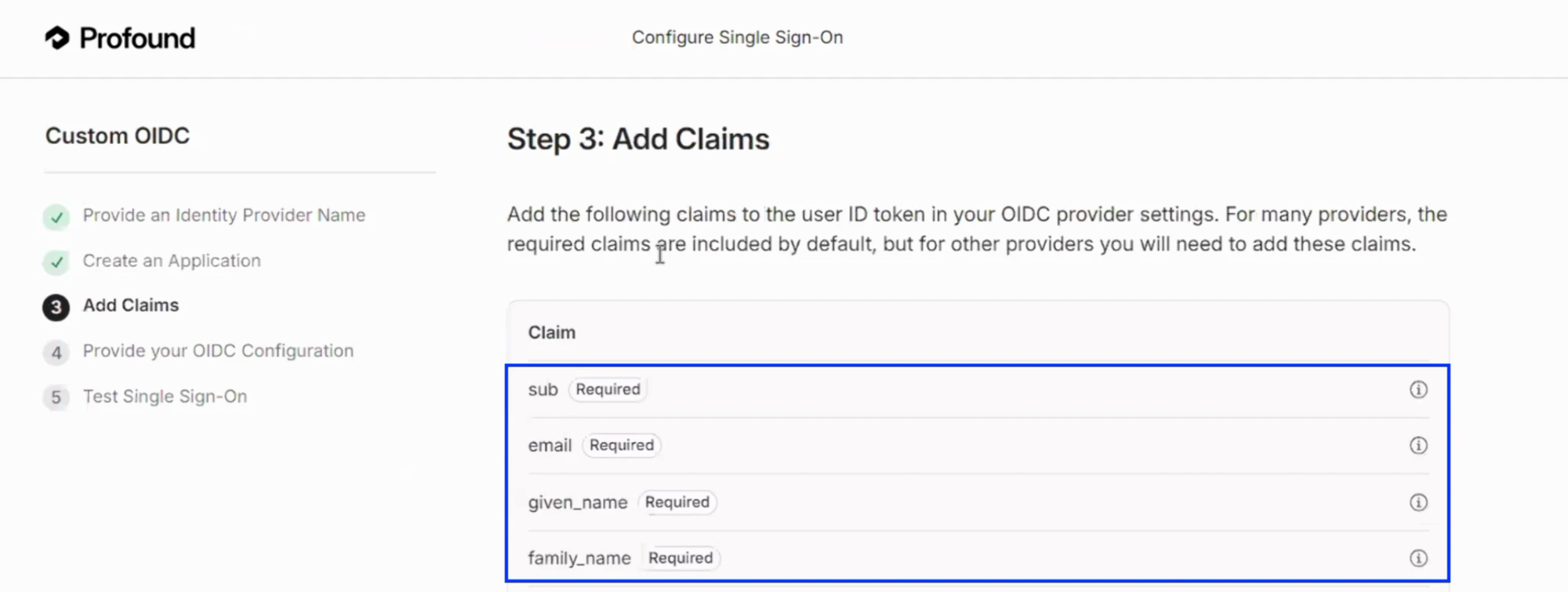 Step 3 of the Custom OIDC flow in the configuration portal, Add Claims, listing the required claims to add to the ID token: sub, email, given_name, and family_name