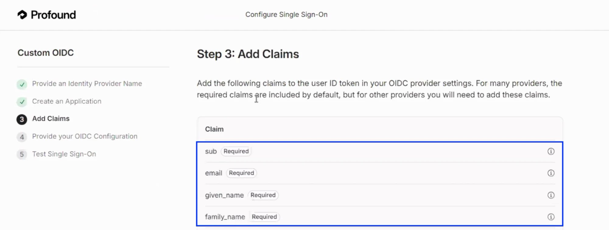 Step 3 of the Custom OIDC flow in the configuration portal, Add Claims, listing the required claims to add to the ID token: sub, email, given_name, and family_name