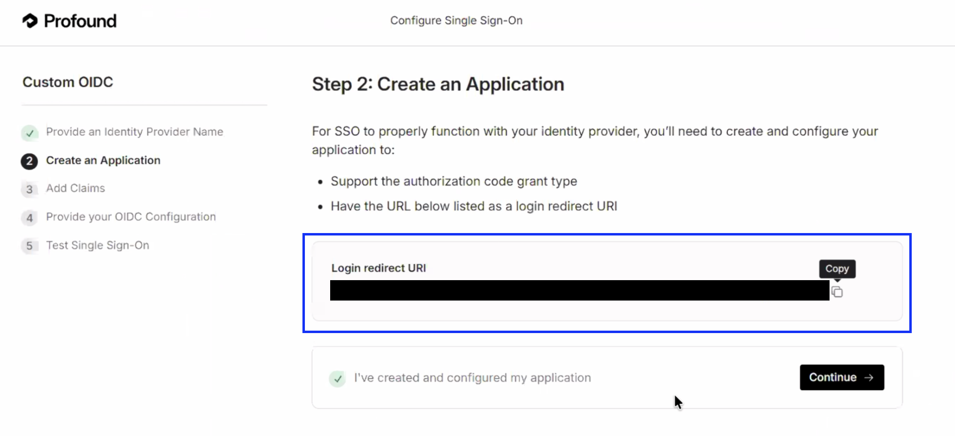 Step 2 of the Custom OIDC flow in the configuration portal, Create an Application, listing the requirements for the application and highlighting the Login redirect URI field with its Copy button
