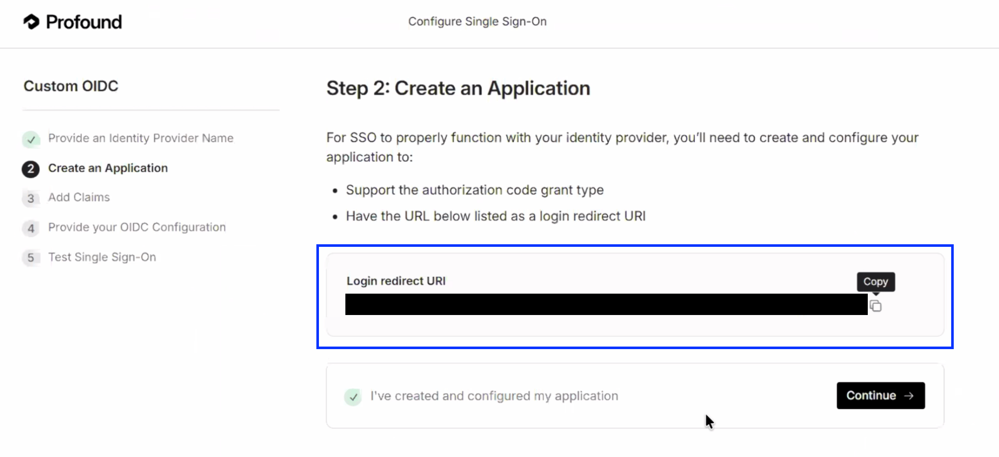 Step 2 of the Custom OIDC flow in the configuration portal, Create an Application, listing the requirements for the application and highlighting the Login redirect URI field with its Copy button