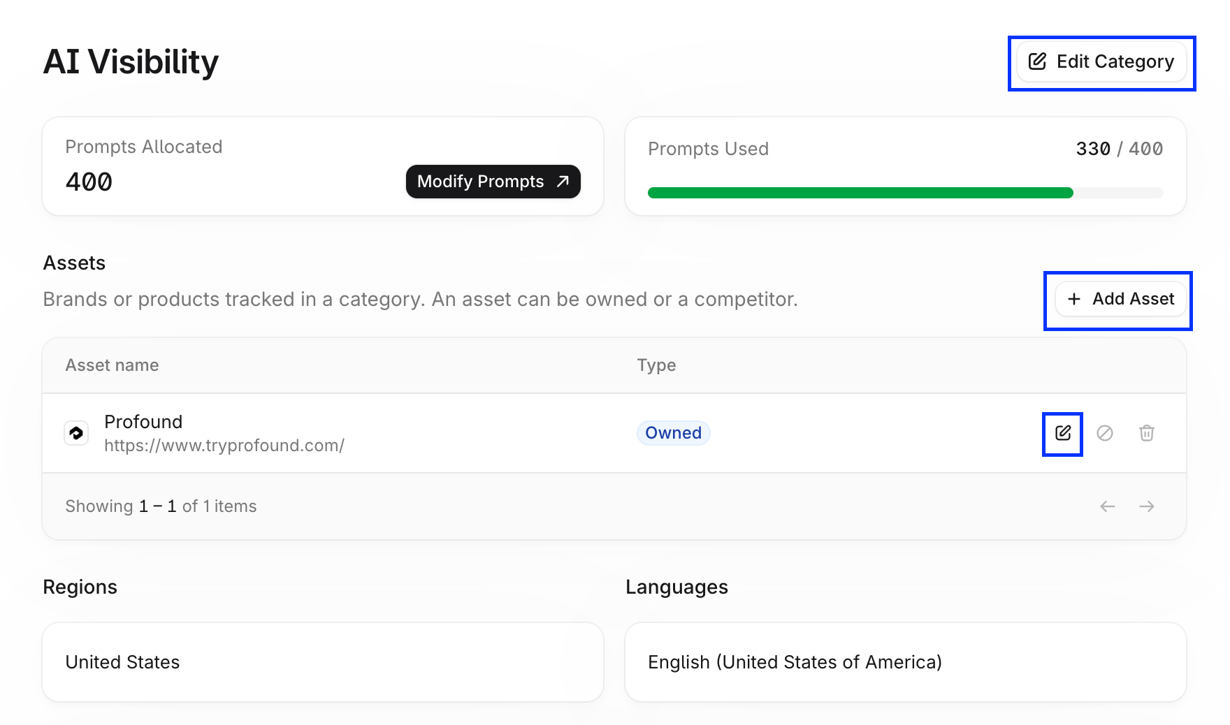 Edit Category、Add Asset、アセットの編集アイコンがハイライトされた AI Visibility のカテゴリページ