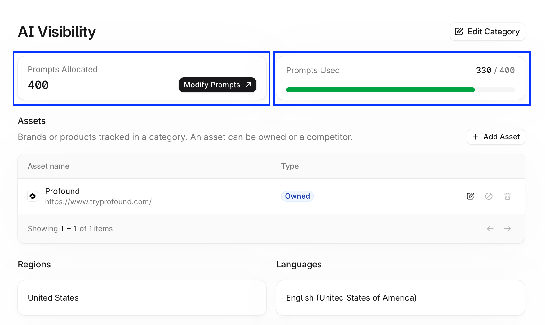 Prompts Allocated カードと Prompts Used カードがハイライトされた AI Visibility のカテゴリページ