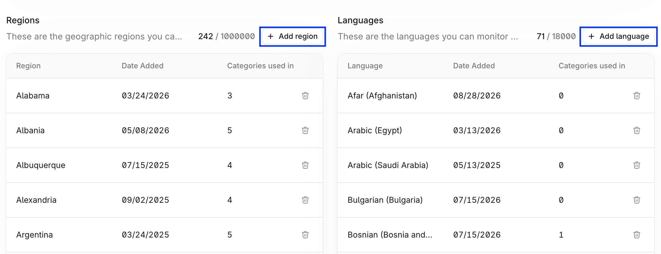 Add region ボタンと Add language ボタンがハイライトされた Regions テーブルと Languages テーブル