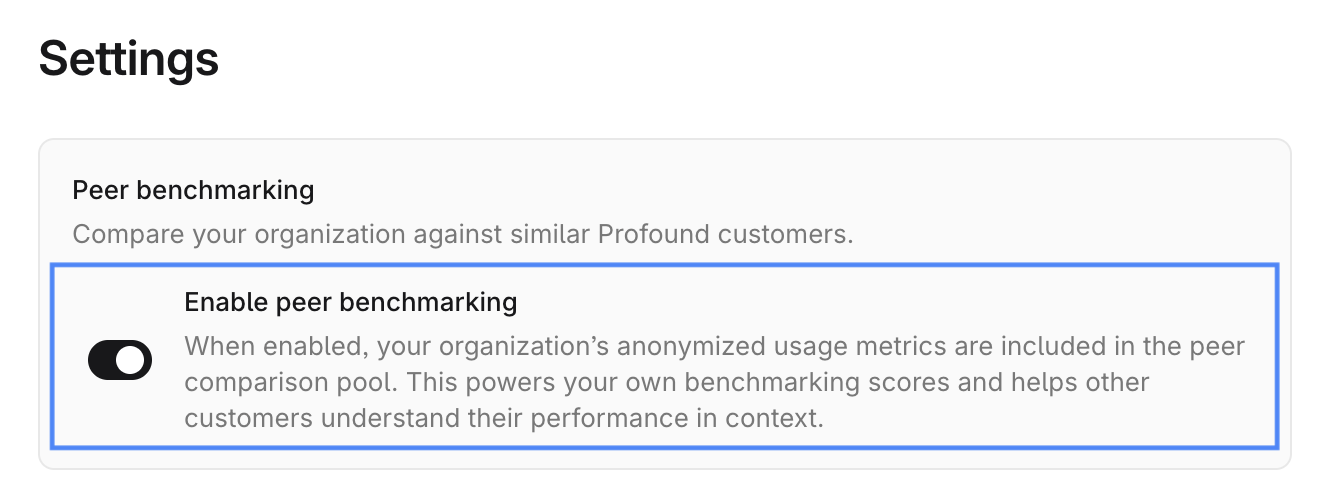 Command Center dashboard Settings view screenshot with Enable peer benchmarking toggle highlighted