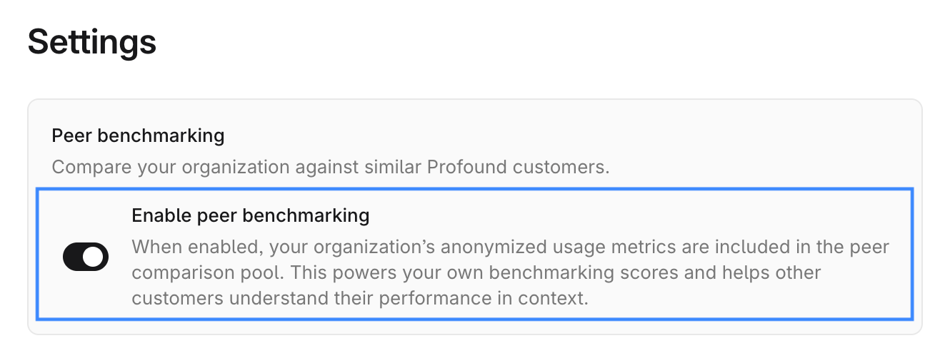 Command Center dashboard Settings view screenshot with Enable peer benchmarking toggle highlighted