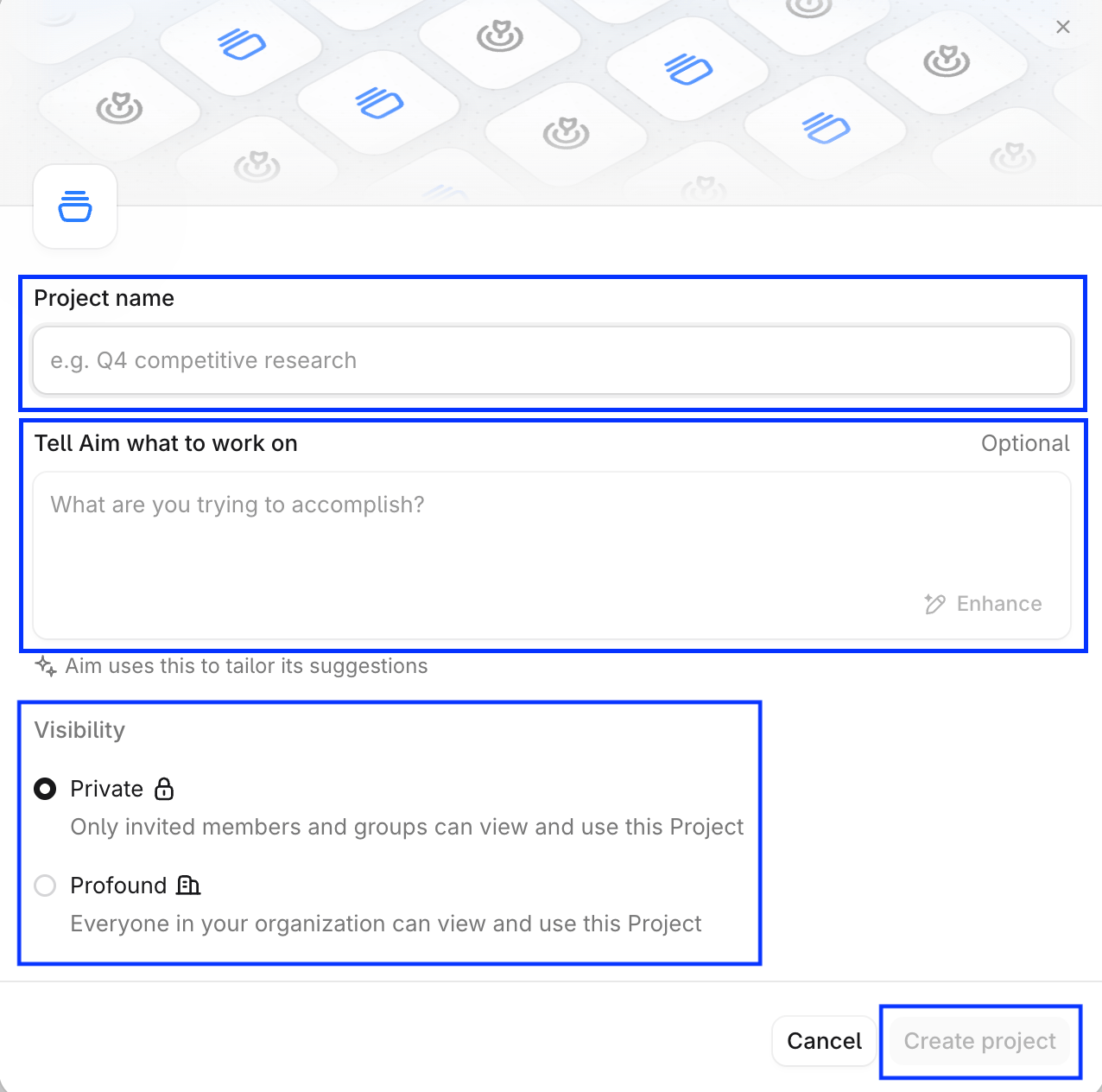 プロジェクト名、Aim への指示、公開範囲のフィールドがある New Project フォーム。