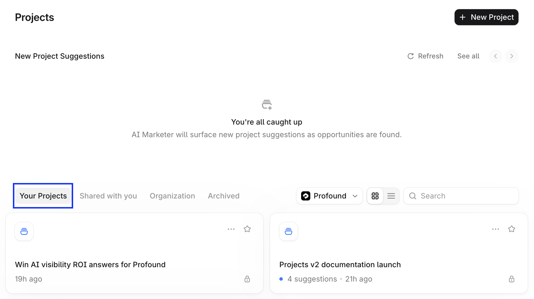 Projects page showing project cards under Your Projects.