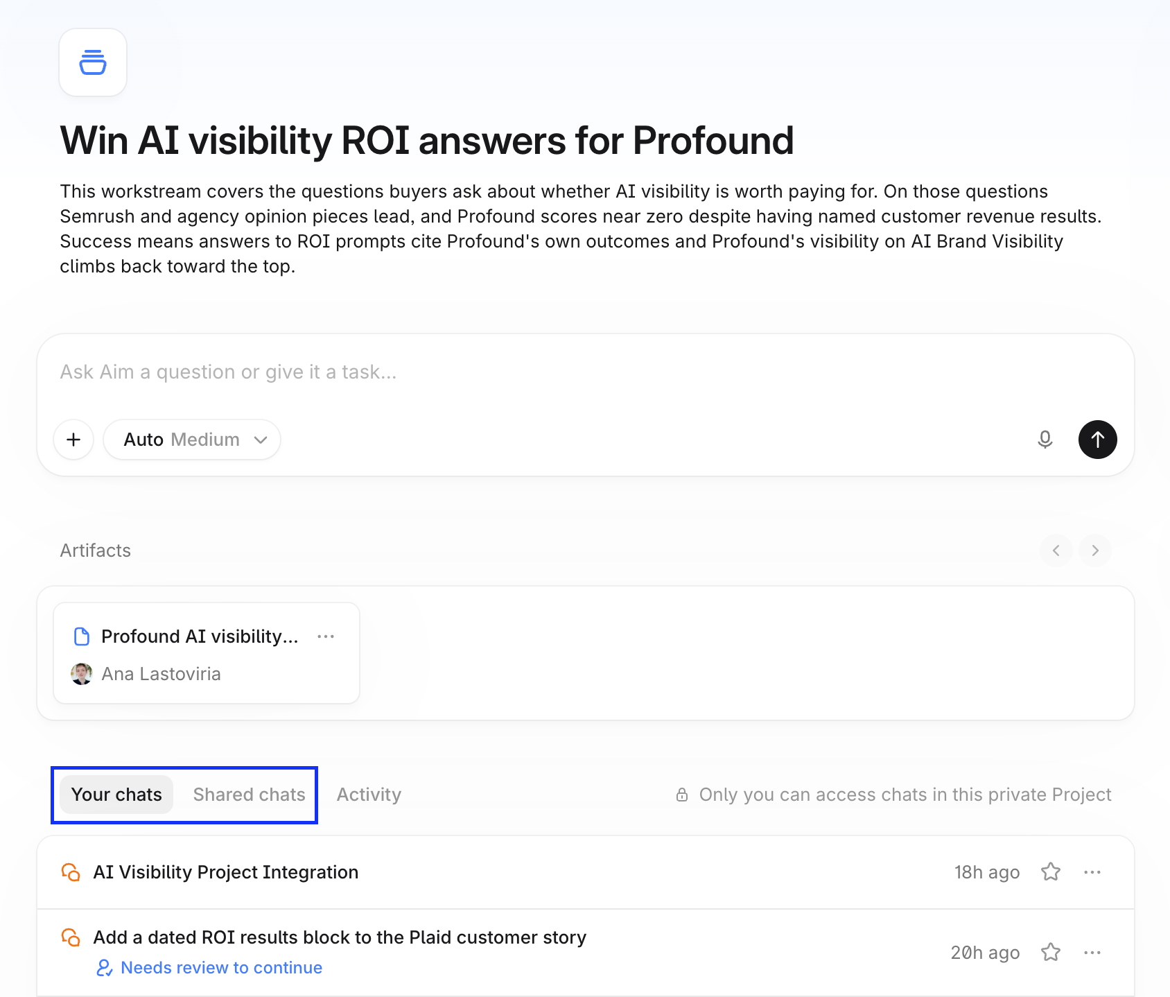 Project chat page with chat tabs and a message box for Aim.