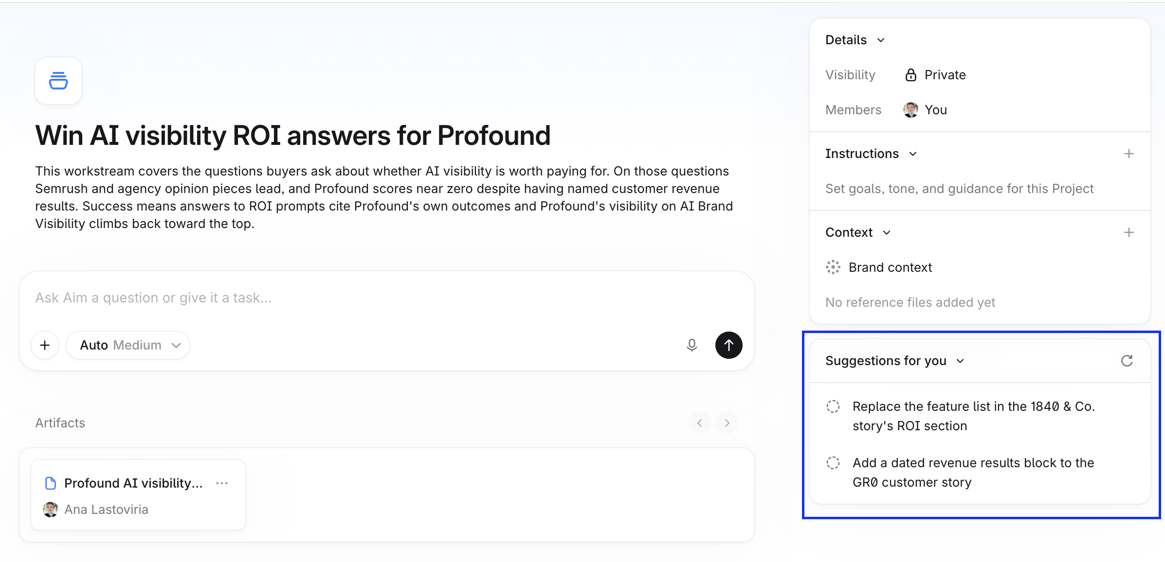 Project sidebar showing the Suggestions for you panel.