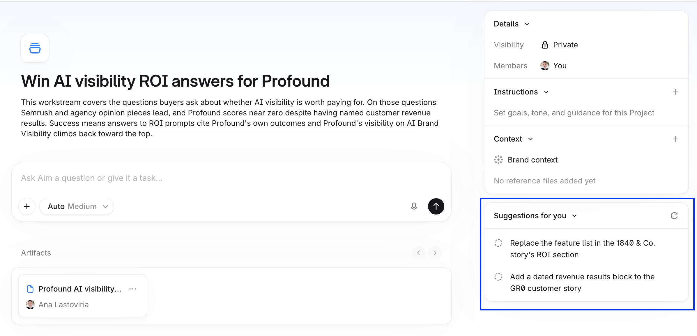 Suggestions for you パネルが表示された Project のサイドバー。