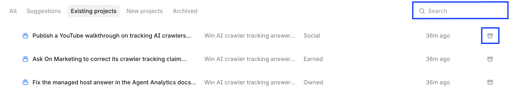 Suggestions table with the search box and archive option highlighted.