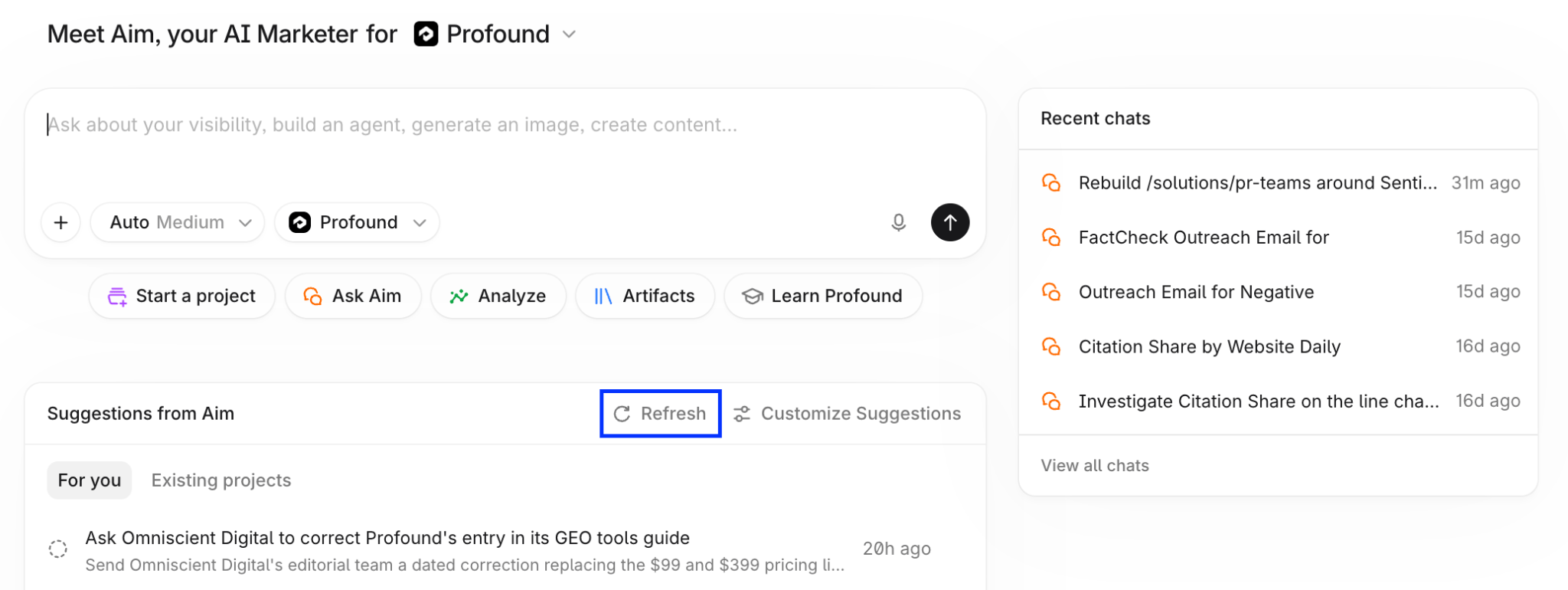 Refresh button in the Suggestions from Aim panel on the Profound home page.