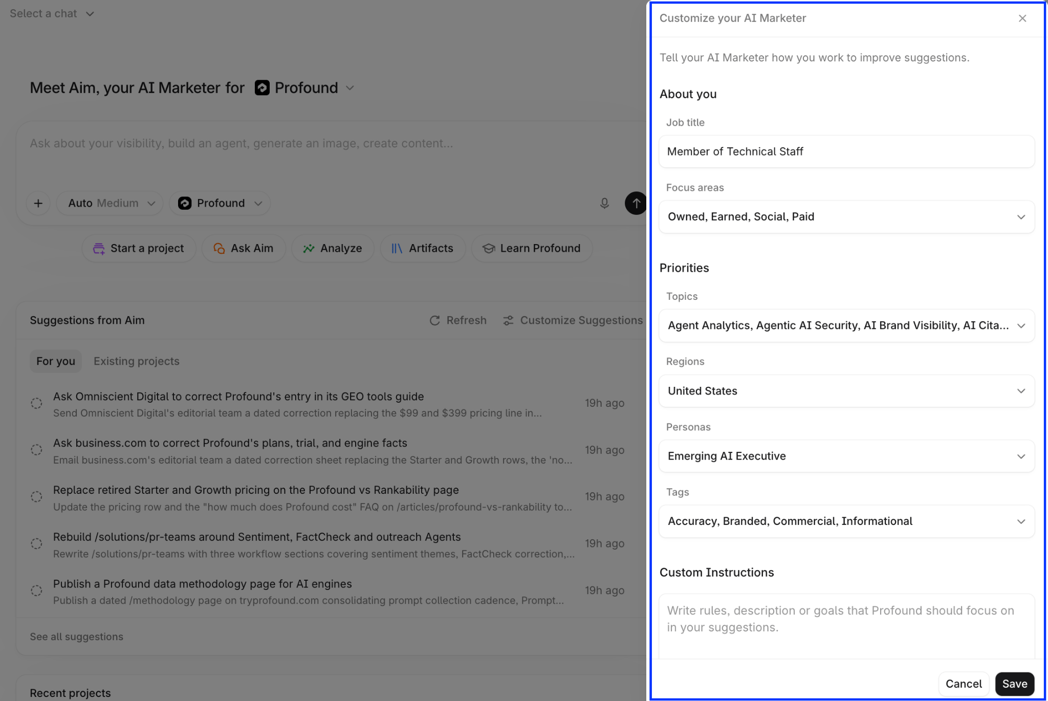 Customize your AI Marketer drawer with role, focus area, priority, and custom instruction settings.