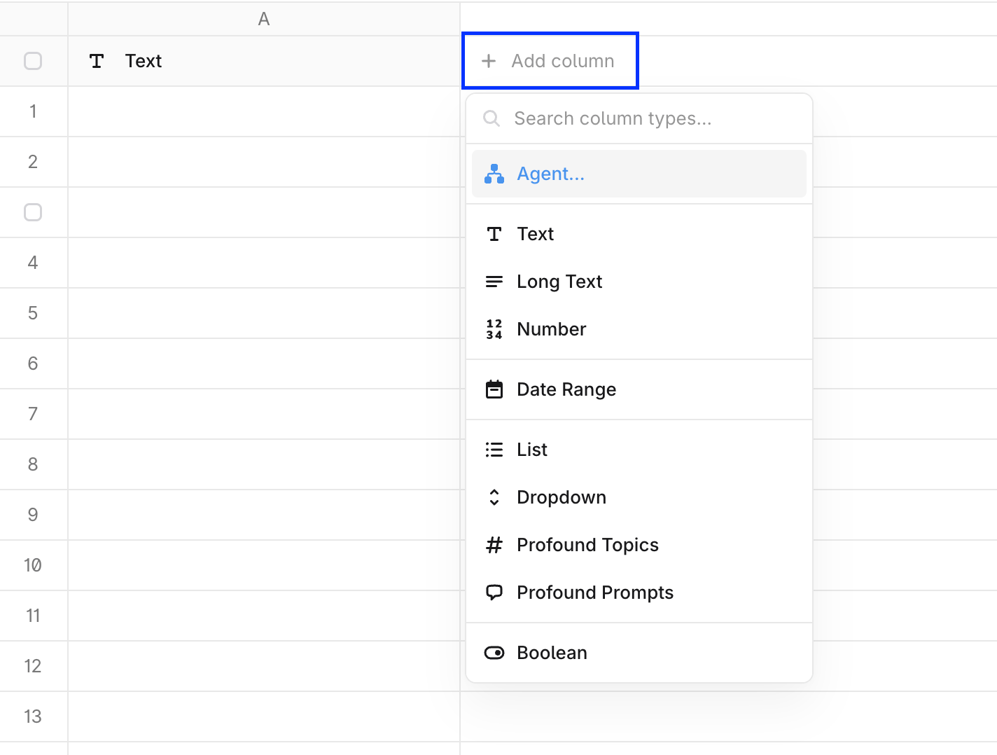 Screenshot of the blank sheet view with Add column option highlighted and a dropdown menu open