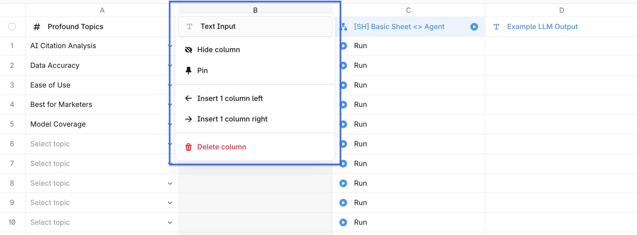 A screenshot of the list view with a column settings menu open and highlighted