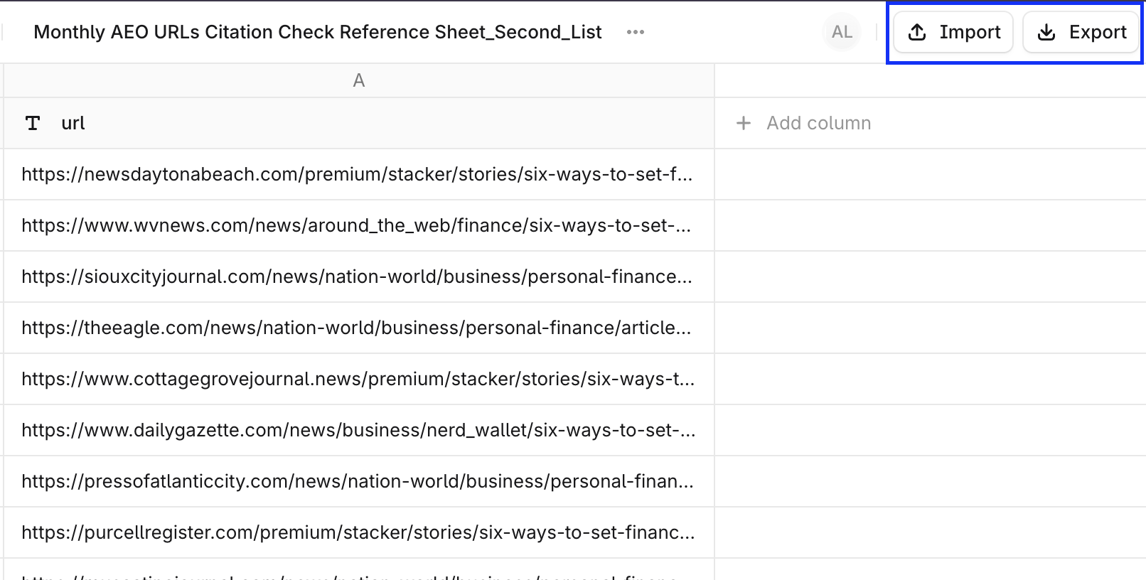 A sheet view with Import and Export buttons highlighted