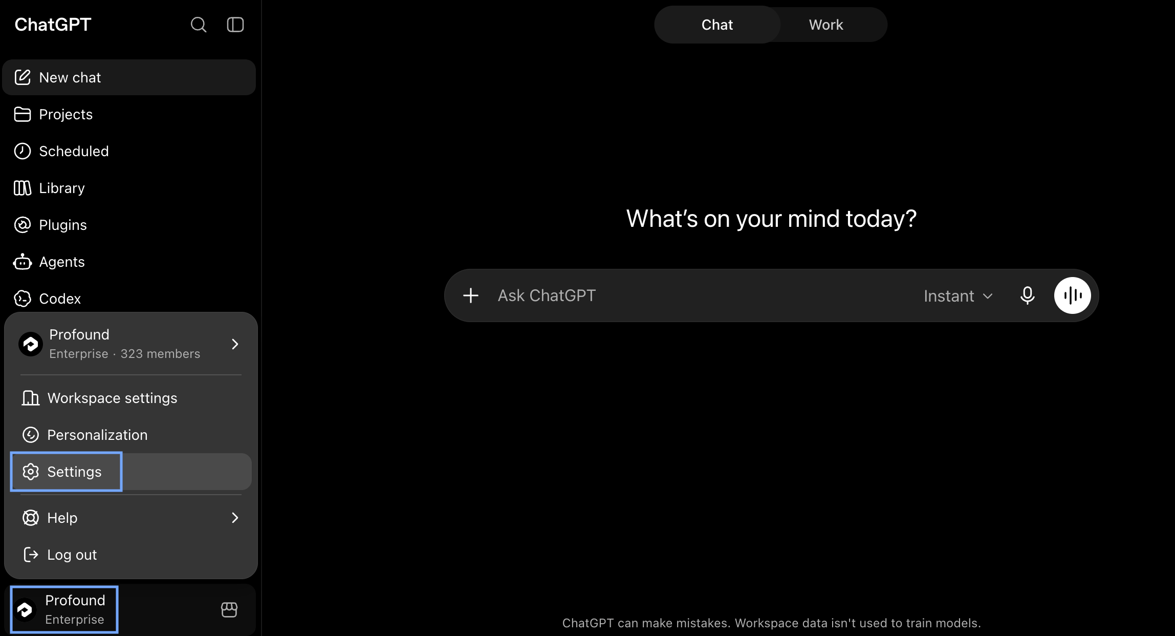 ChatGPT landing page screenshot with the account menu expanded and Settings option highlighted