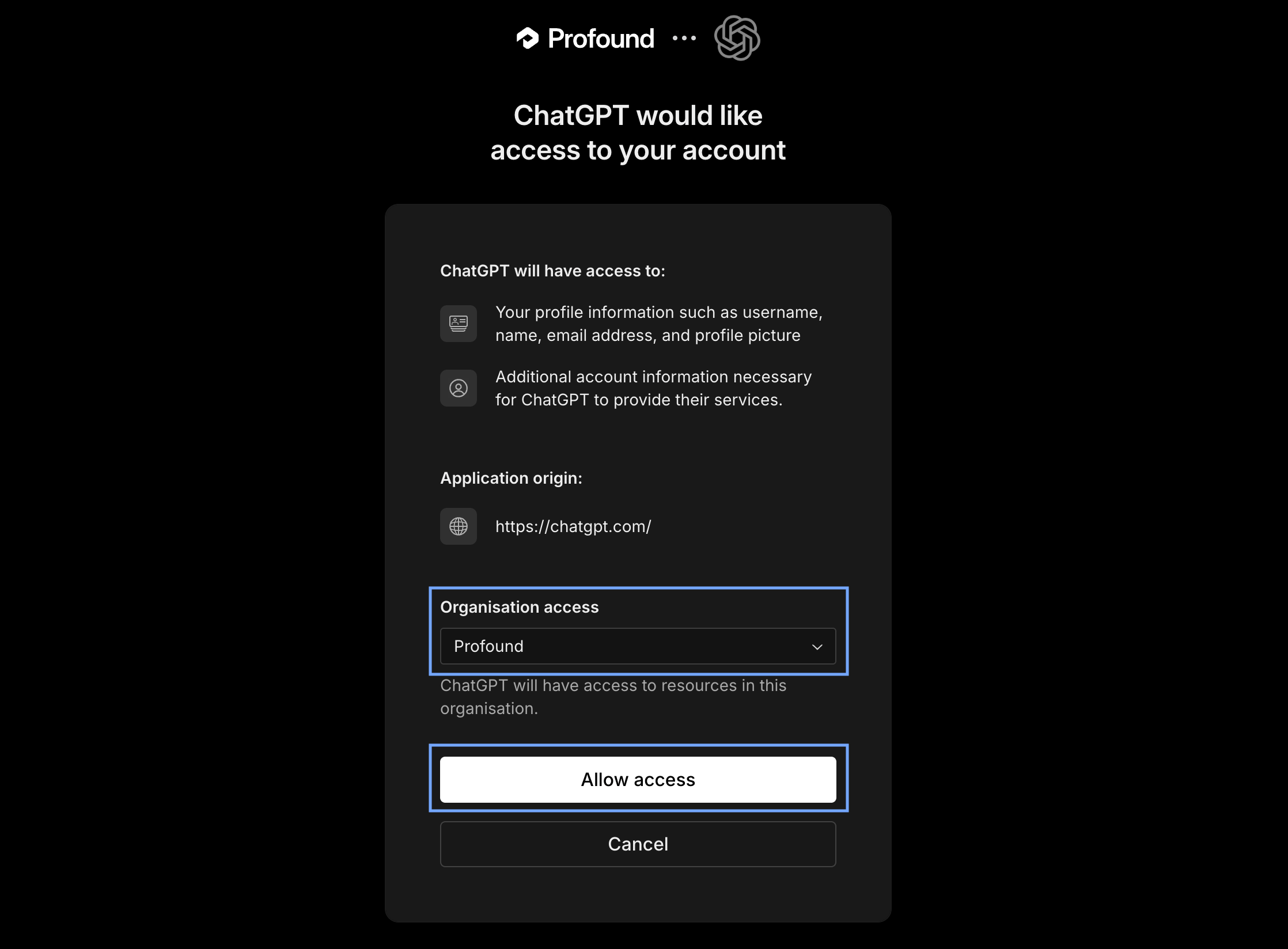 Profound OAuth dialog screenshot with Organization access dropdown and Allow access button highlighted
