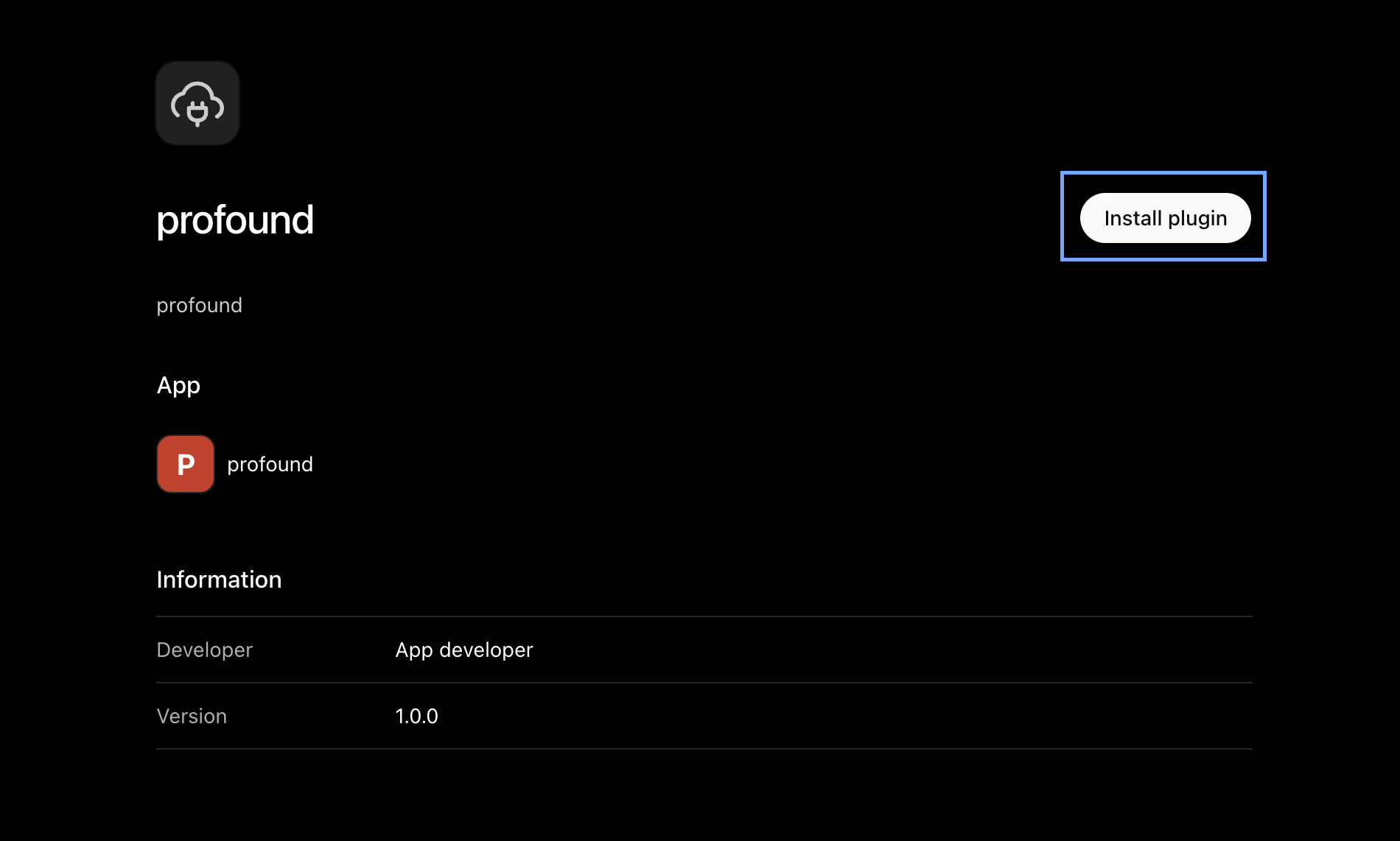 Profound plugin page screenshot with Install button highlighted