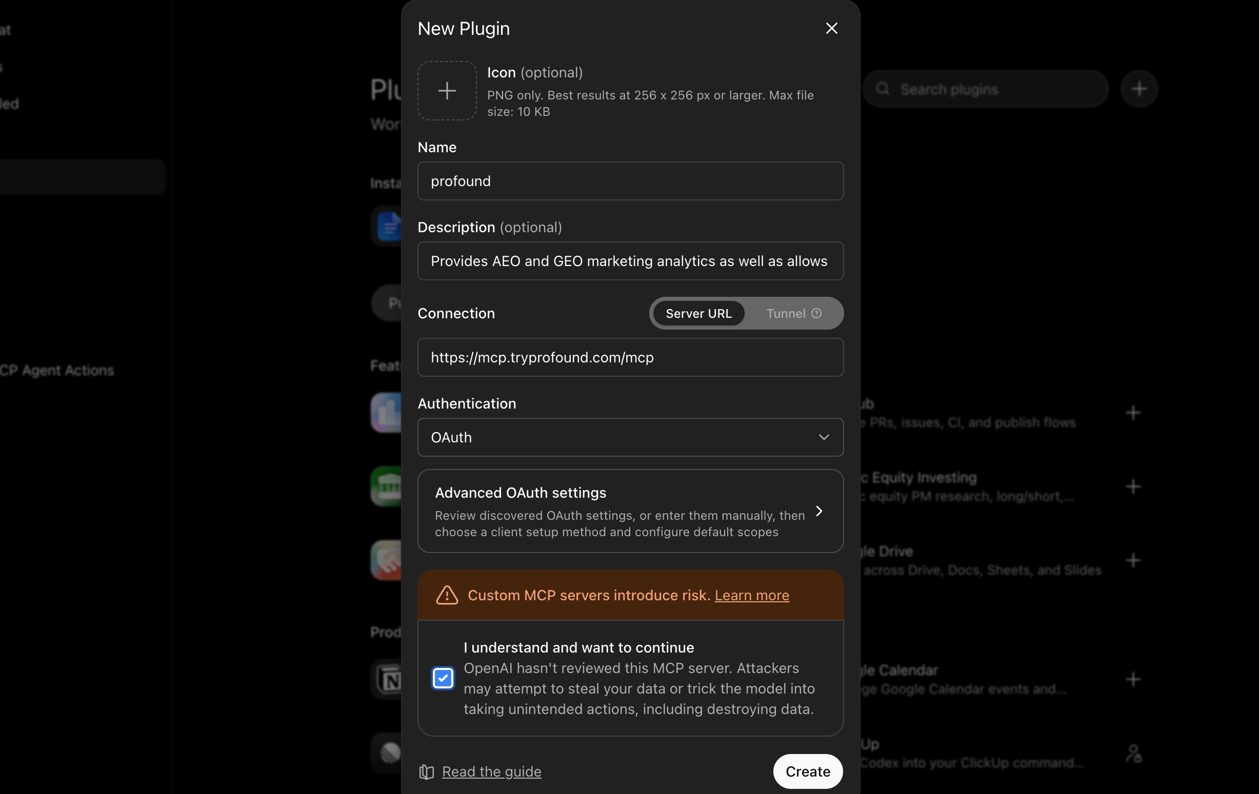 ChatGPT New Plugin dialog screenshot with Profound server details filled in