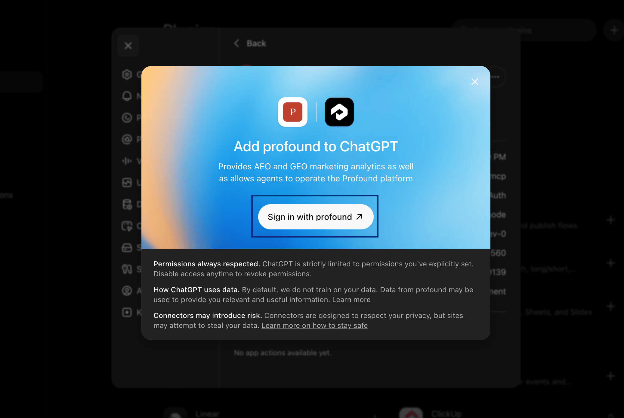 ChatGPT Add profound to ChatGPT authorization modal screenshot with Sign in with profound button
