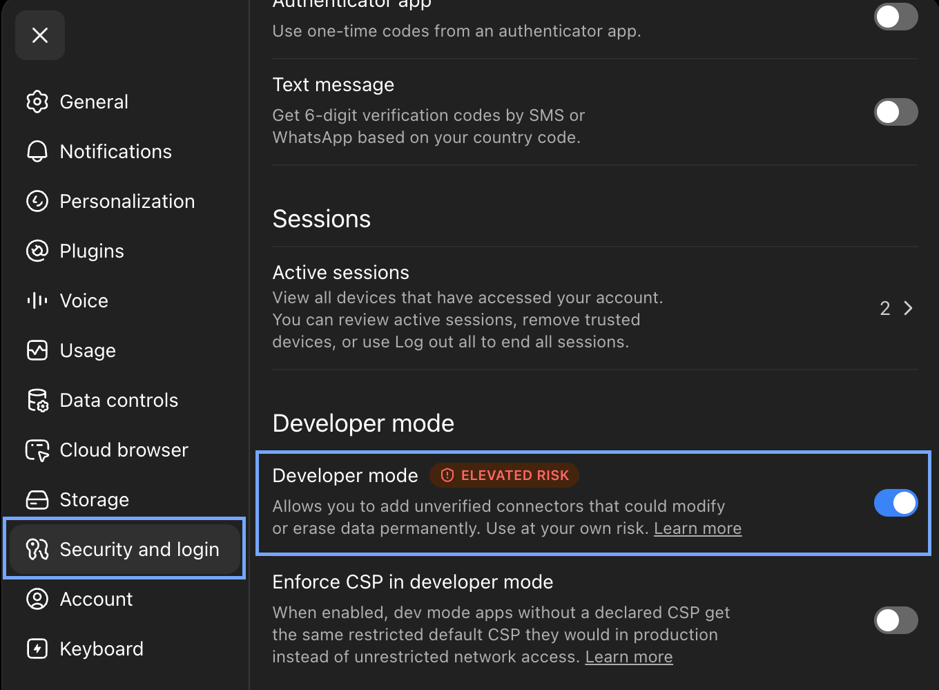 ChatGPT Settings screenshot with Security and login menu option and Developer mode toggle highlighted