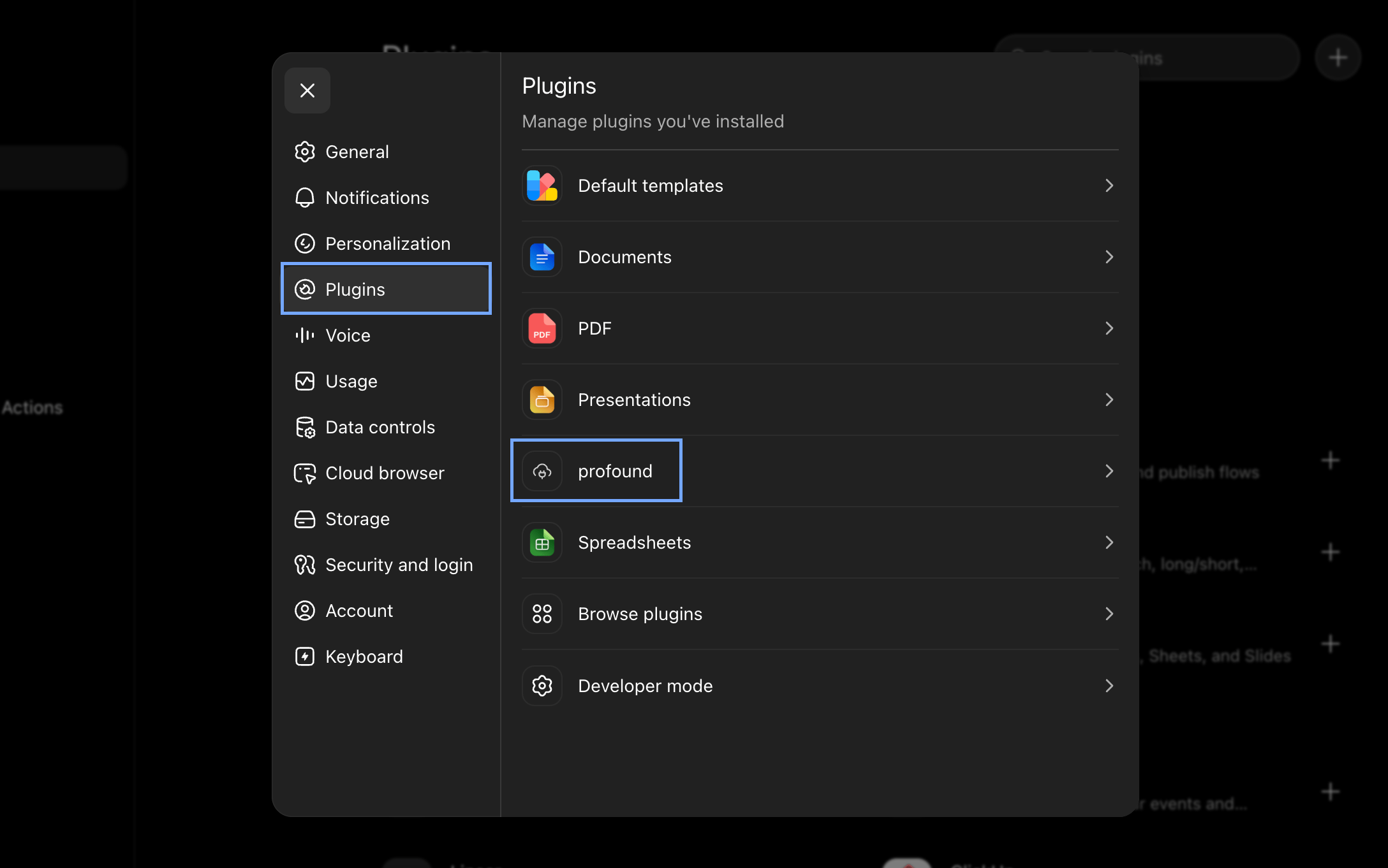 ChatGPT Settings Plugins screenshot with profound plugin highlighted