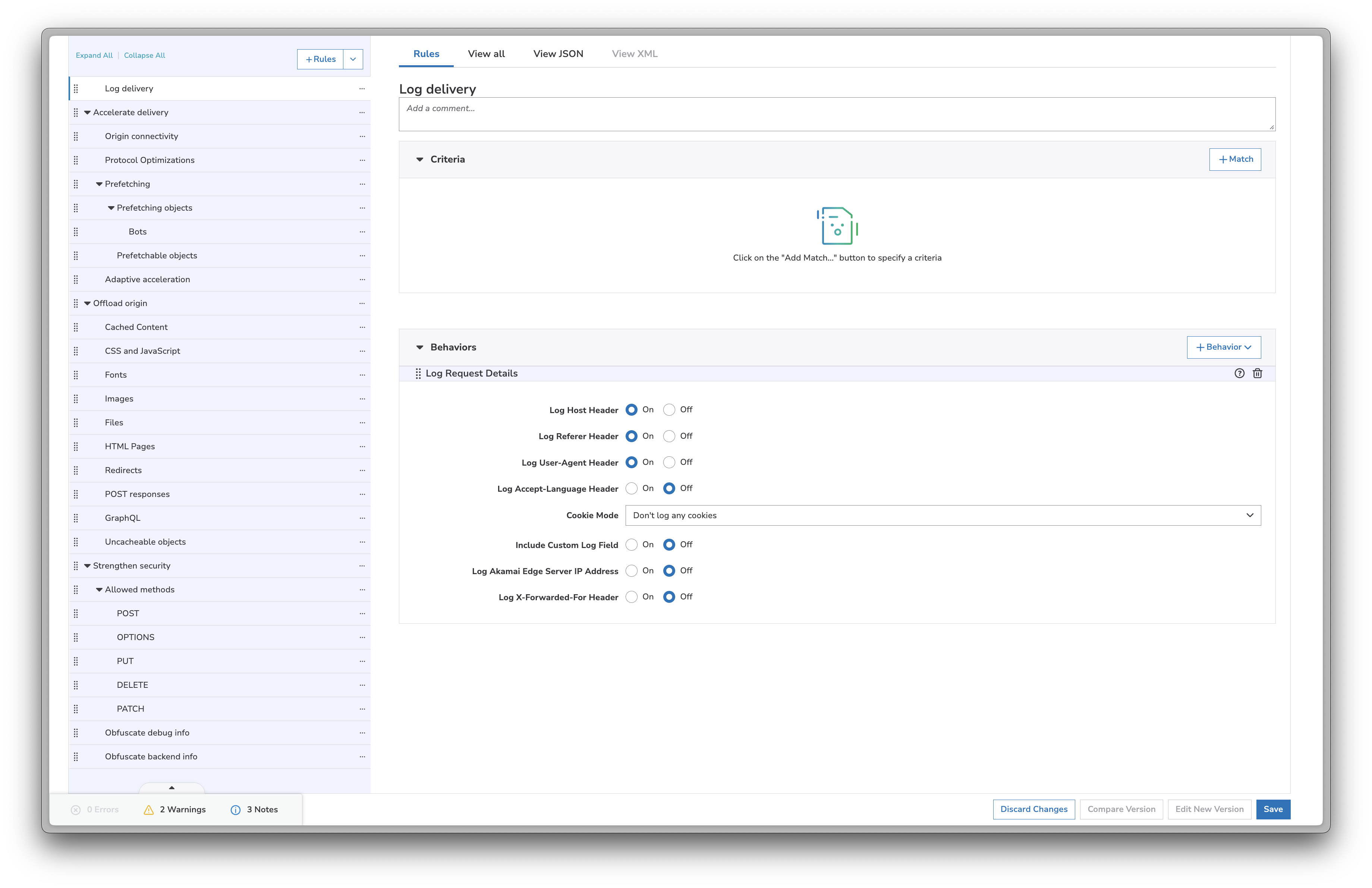 log delivery settings