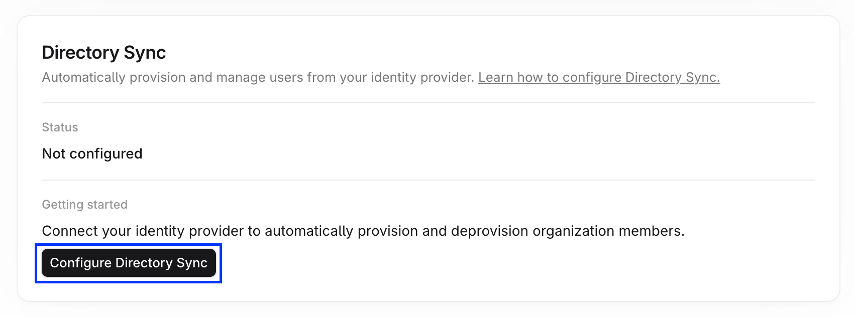 Directory Sync card screenshot showing the Not configured status and the Configure Directory Sync button highlighted