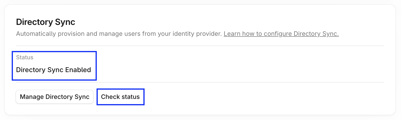 Directory Sync card screenshot showing the Directory Sync Enabled status and the Check status button highlighted