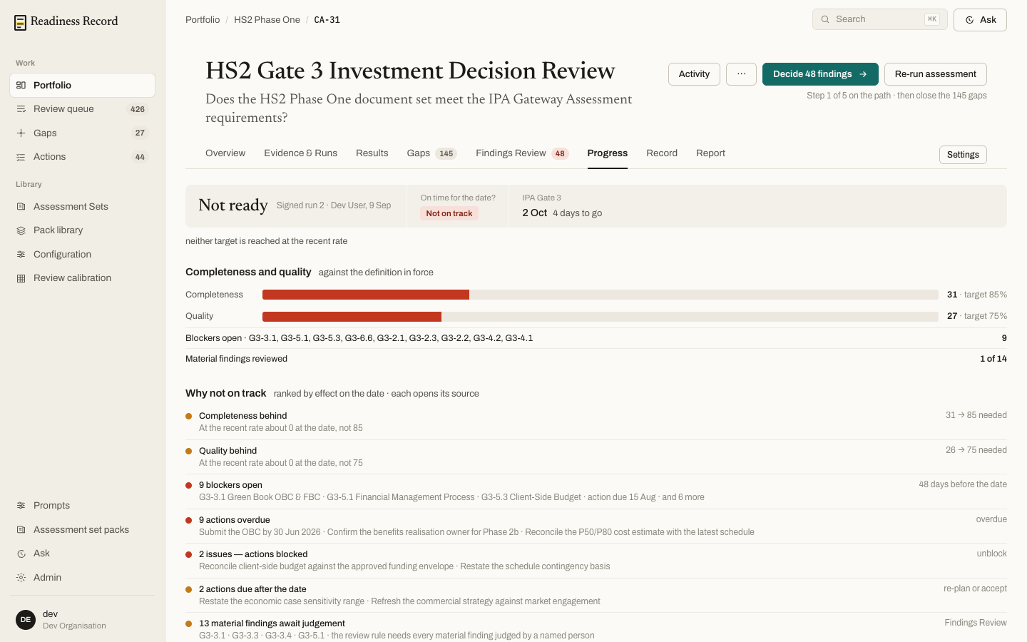 Progress tab showing completeness and quality measures against target, and a ranked list of why it is off track