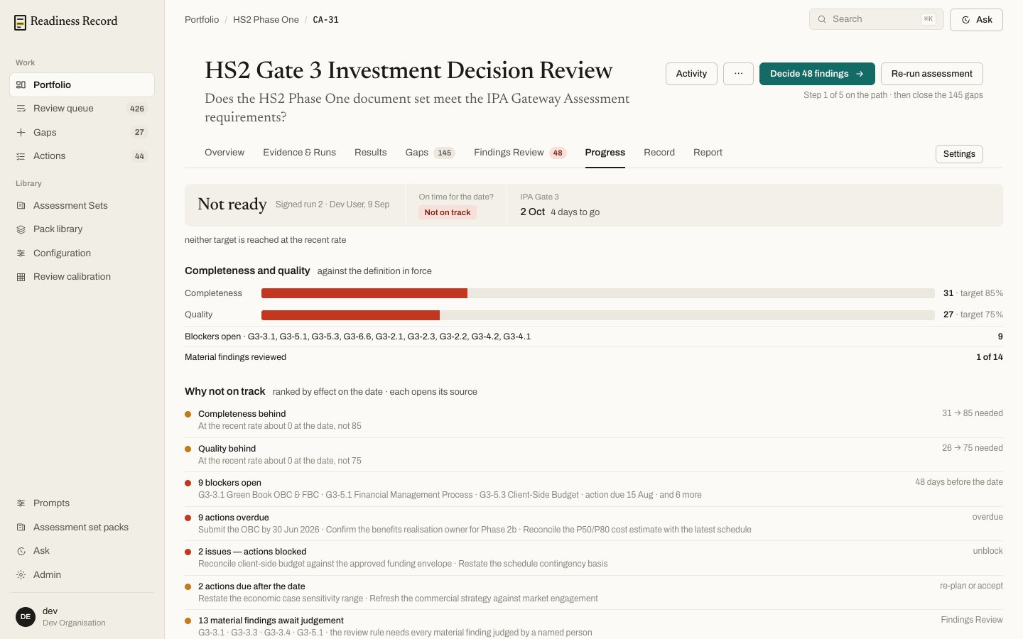 Progress tab showing completeness and quality measures against target, and a ranked list of why it is off track